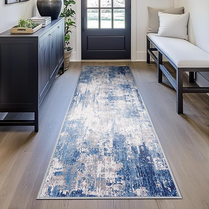 RELEANY Washable Area Rugs 2'x10' Non-Slip Modern Abstract Soft for Living Room Entryway Bedroom Nursery, Print Pattern, Blue Grey Navy Gray