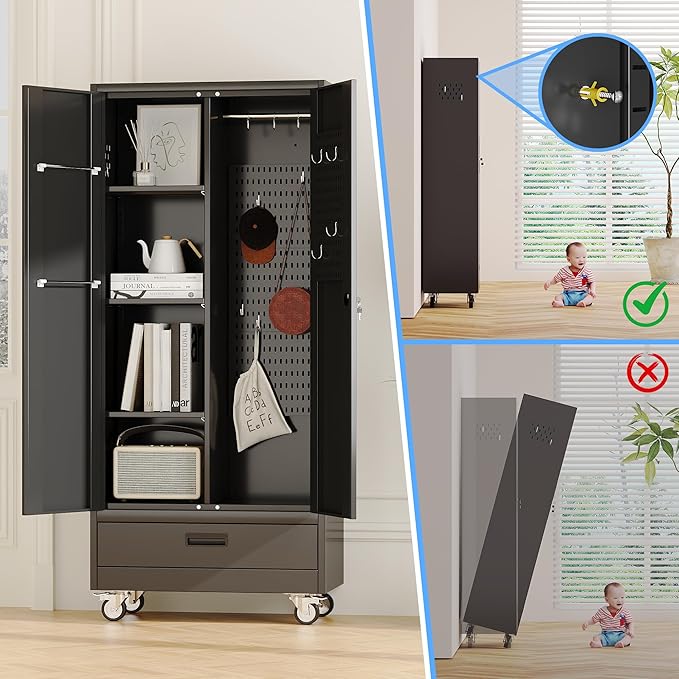 Reemoon Broom Closet Storage Cabinet with Wheels and Drawer,Garage Storage Cabinet with Magnetic Doors,Pegboard and Adjustable Shelves for Garage Home,Required Assembly,Black