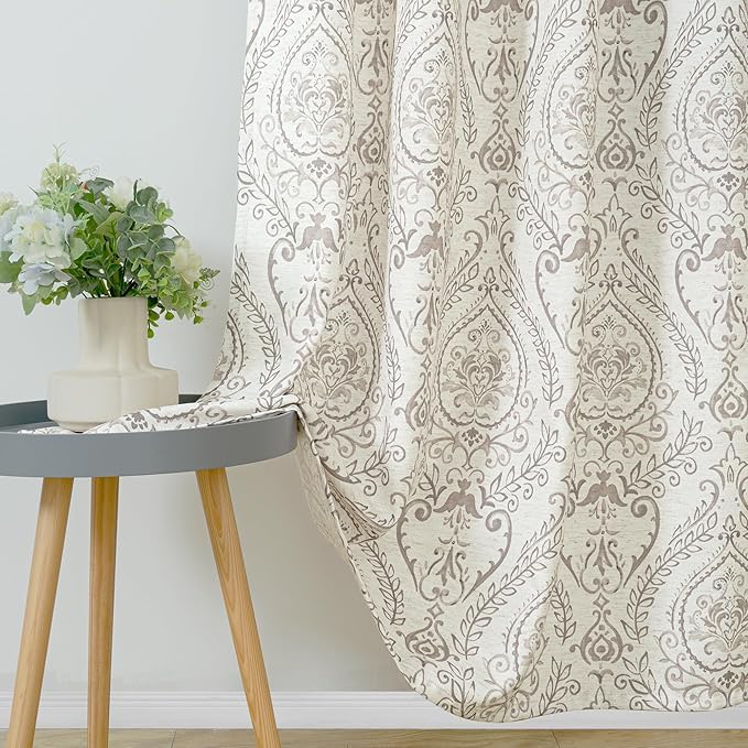 LAMIT Linen Curtains 54 inch Length 2 Panels for Living Room, Light Filtering Linen Sheer Curtains Grommet Vintage Damask Flower Pattern Window Drapes for Bedroom, 52 x 54 Inch, Taupe