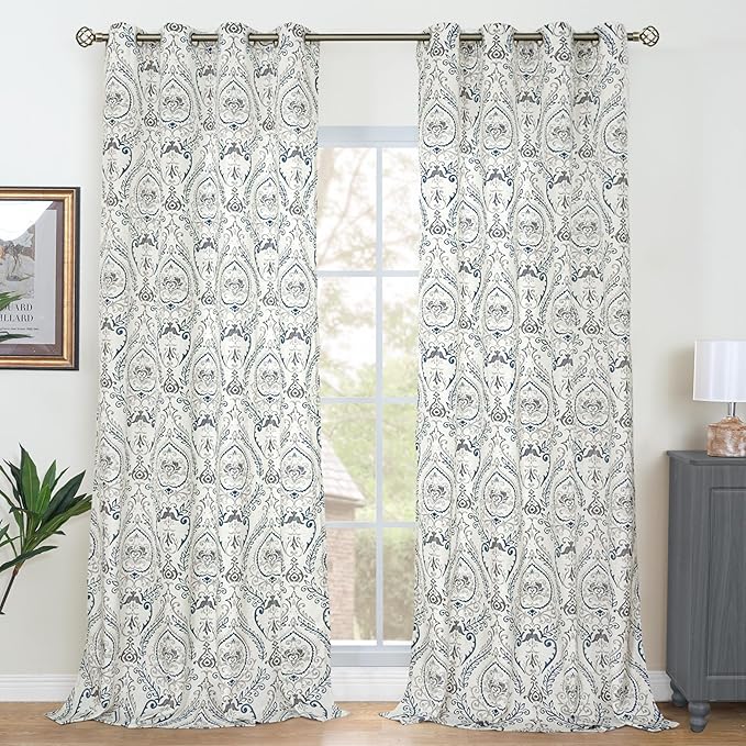 LAMIT Linen Curtains 95 inch Length for Living Room, Printed Linen Curtains Grommet Light Filtering Vintage Damask Flower Pattern Window Drapes for Bedroom, Greyish Blue, 2 Panels Each 52 x 95 Inch