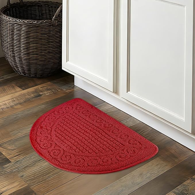 Echaprey Half Round Non-Slip Kitchen Bathroom Toilet Doormat Floor Rug Mat Keeps Your Floors Clean Home Decor (Small, Red)