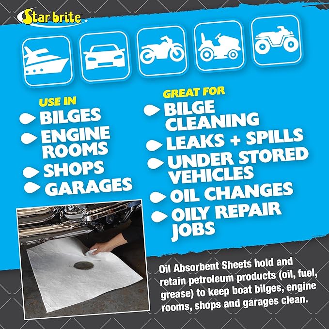 STAR BRITE High-Efficiency Oil Absorbent Sheets - Fuel and Grease Spill Cleaner for Shops, Boats, Engine Rooms - Reusable, Water-Resistant, Easy Disposal - Essential for Mechanics Workshops & Marinas