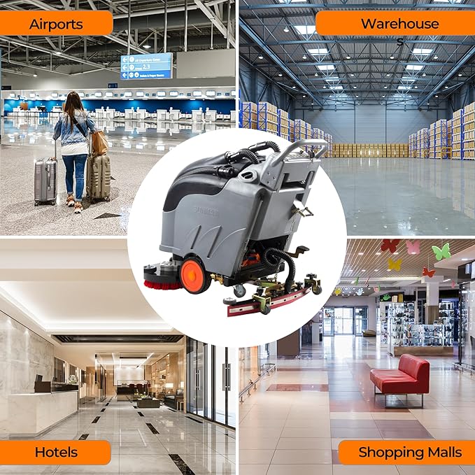 SUNMAX 28" Commercial Floor Scrubber Machine, 14.5-gal Tank, Dual Brushes and Sourcing Pads, Self-Propelled Floor Cleaner with Traction Drive