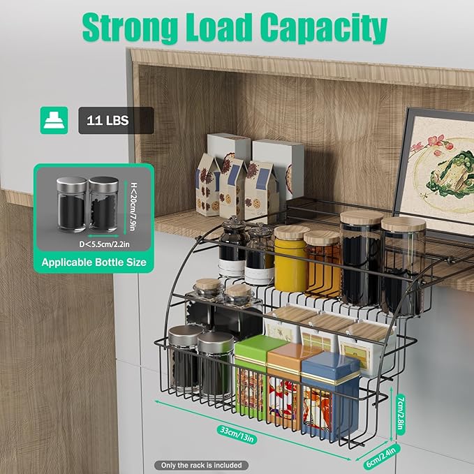 3-Tier Pull Down Cabinet Spice Rack Organizer,Metal Storage Shelf,Retractable Large Capacity Kitchen Storage Shelf Organizer for Kitchen Cabinet Cupboard Pantry, Black, LL0124-1