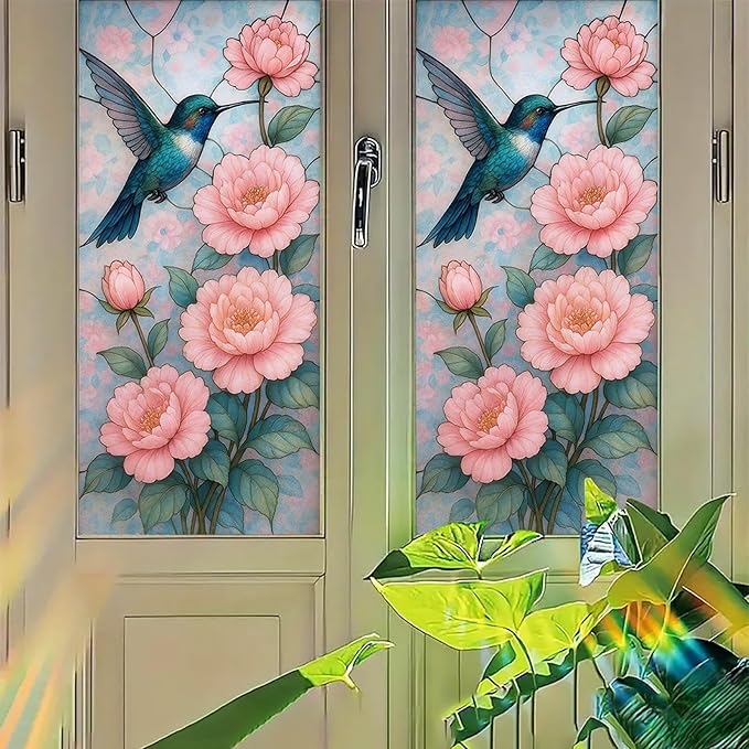 Peony Bird Privacy Film Floral Glass Panel Static Cling No Glue Decorative Cover Light Filtering for Bedroom Door Vanity Room Entryway 17.7x39.3 inch