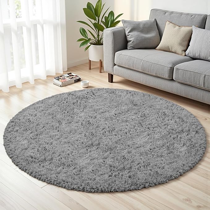 Light Gray ack Round Fluffy Rug 5ft Plush Fuzzy Shaggy Carpet,Soft Rugs for Living Room for Nursery,Preppy Dorm,Classroom,Playroom,Teen,Baby Home Decor (Light Gray 5"x5")