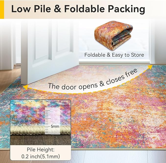 RELEANY Washable Area Rugs 2'x3' Non-Slip Modern Abstract Soft for Living Room Entryway Bedroom Nursery, Print Pattern, Orange Blue Pink Yellow Colorful