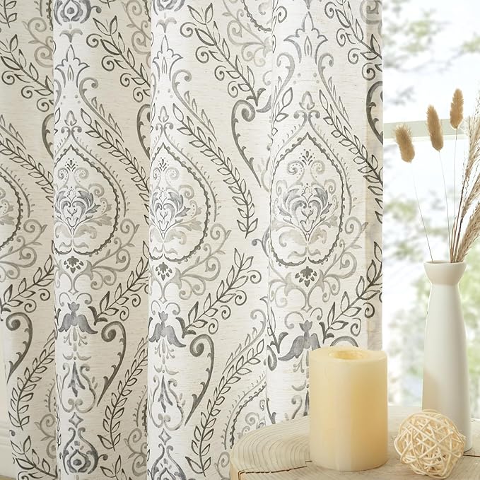LAMIT Grey Linen Curtains for Bedroom 63 inch Length, Light Filtering Printed Linen Curtains Grommet Vintage Damask Floral Pattern Window Drapes for Living Room, 2 Panels Each 52 x 63 Inch