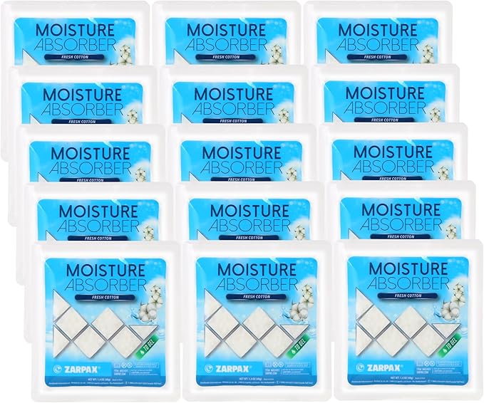 Zarpax Moisture Absorber Sachets Fresh Cotton 1.4 oz/40g - Remove Excess Moisture In Air & Odor - Desiccant Dehumidifier for Closet, Drawer, Safe, Storage - Dampness & Humidity Control - Set of 15