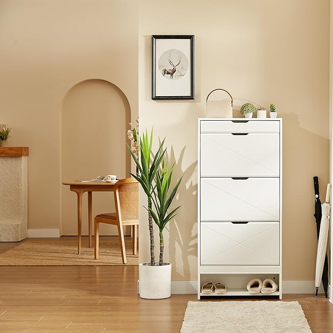 Shoe Cabinet with 3 Flip Drawers, Shoe Storage Cabinet with Open Shelf and Top Drawer, Free Standing Shoe Rack Storage Organizer for Entryway, Hallway, White