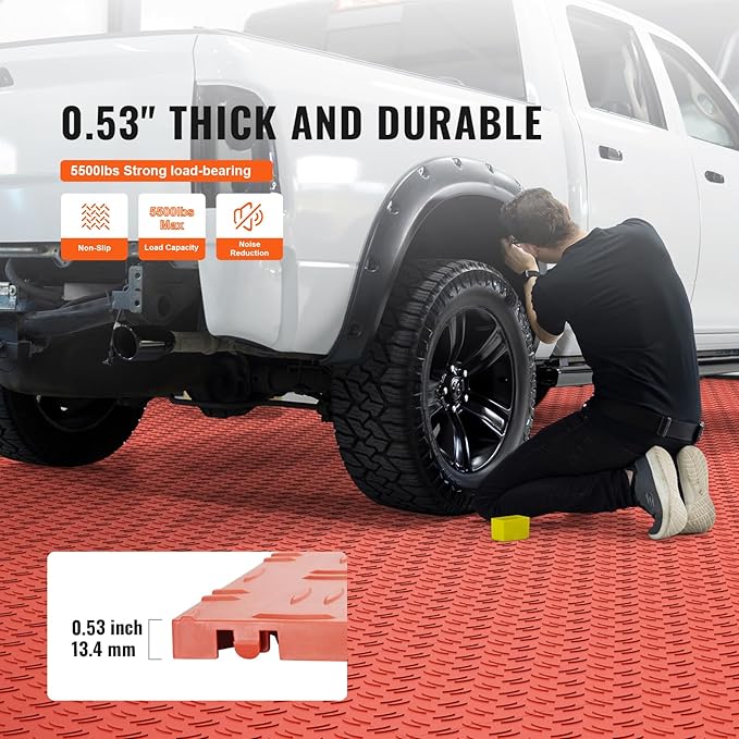 VEVOR Garage Floor Tiles 12 x 12 x 0.53 inch, Interlocking Design Ease of Installation Double-Sided Texture Non-Slip Sturdiness, for Garages, Basements, Repair Shops, Red, 25 Pack