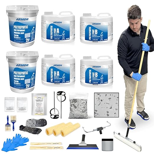 ArmorPoxy Polyaspartic Garage Floor Kit, 25Pc Fast Cure Epoxy Alternative, UV & Chemical Resistant, Low VOC, 2 Layer 1-Day Concrete Coating for DIY Garage, Driveway, Patio | 500 Sq Ft | Designer Gray