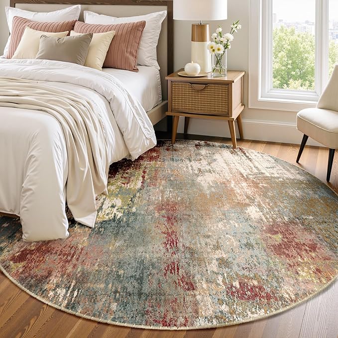 RELEANY Washable Area Rugs 8ft Non-Slip Modern Abstract Soft for Living Room Entryway Bedroom Nursery, Print Pattern, Brown Rust Red Green Blue Multi