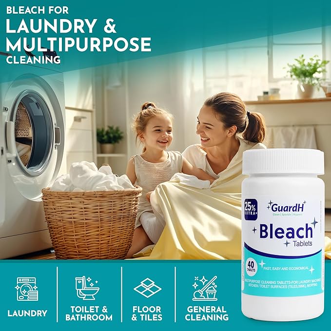 GuardH Bleach Tablets 40 Count – Multipurpose Cleaning Tablets for Laundry, Toilet Bowl, Bathroom Tile and Kitchen Surfaces – Liquid Bleach Alternative, Fast Dissolving Formula