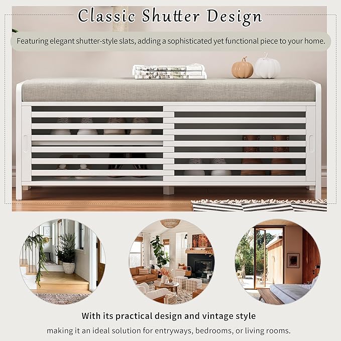 Knocbel Entryway Storage Bench with Sliding Doors and 1 Shelf, Living Room Entrance Hallway Foyer Shoe Bench Bedroom End of Bed Bench, 220lbs Weight Capacity (White 2-Door)