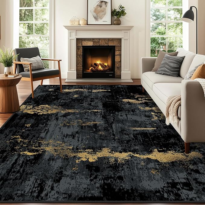 RELEANY Washable Area Rugs 6'x9' Non-Slip Modern Abstract Soft for Living Room Entryway Bedroom Nursery, Print Pattern, Dark Black Gold