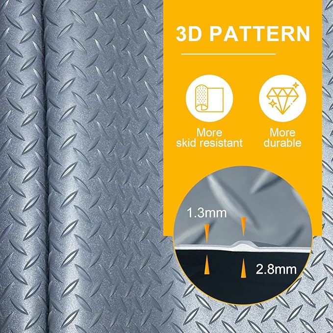 7.5x20 FT Garage Floor Mat, 2.8mm Thickened Flooring Roll Under Car Mat with 20Pcs Tapes, Diamond Plate, Non-Slip Floor Protector Mat for Trailer, Garage, Warehouse, Gyms, Trailer, Matte Gray