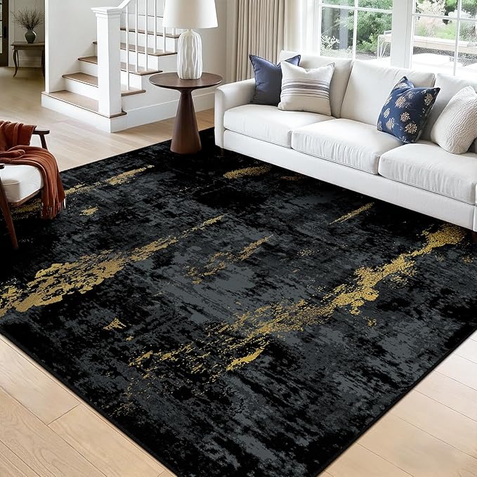 RELEANY Washable Area Rugs Square 9ft Non-Slip Modern Abstract Soft for Living Room Entryway Bedroom Nursery, Print Pattern, Dark Black Gold