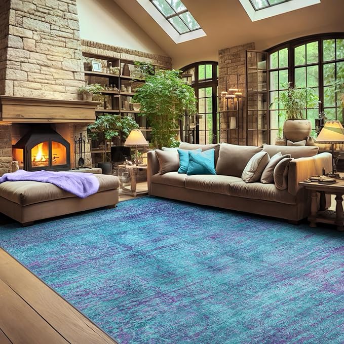Abstract 5x7 Area Rug, Modern Teal Purple Throw Rugs for Living Room, Washable Soft Large Non-Slip Accent Carpet Floor Mat for Dining Room Office Bedroom - Teal+Purple