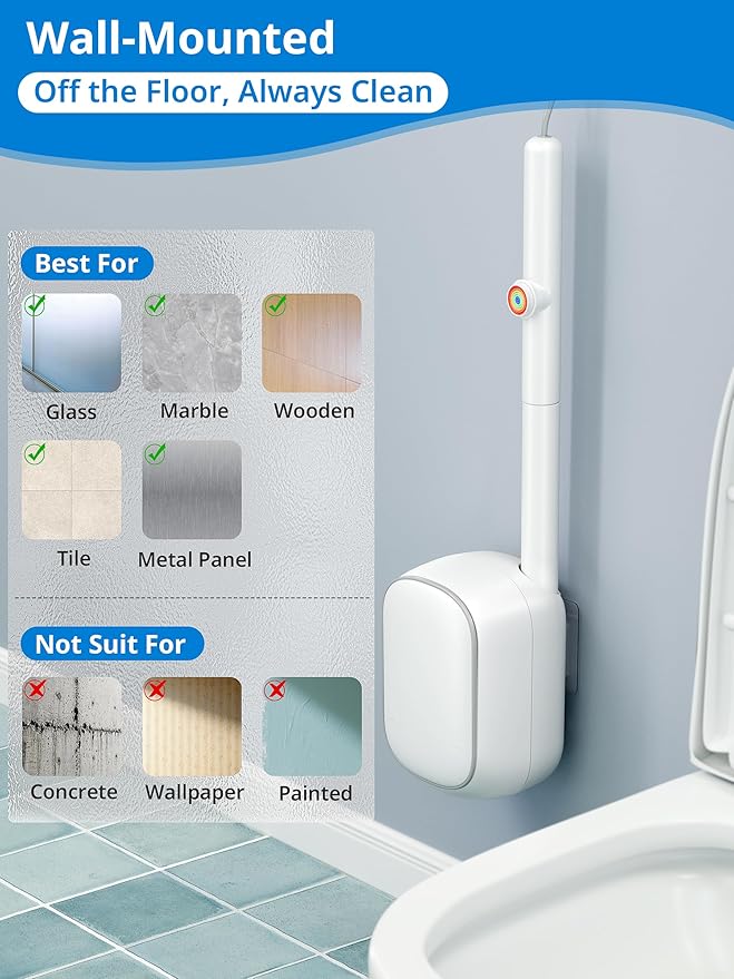 Disposable Toilet Cleaner Wand and Holder Set, Wall Mounted Toilet Bowl Brush Kit with 12 Refill Heads, Hygienic Toilet Cleaning System for Bathroom and RV