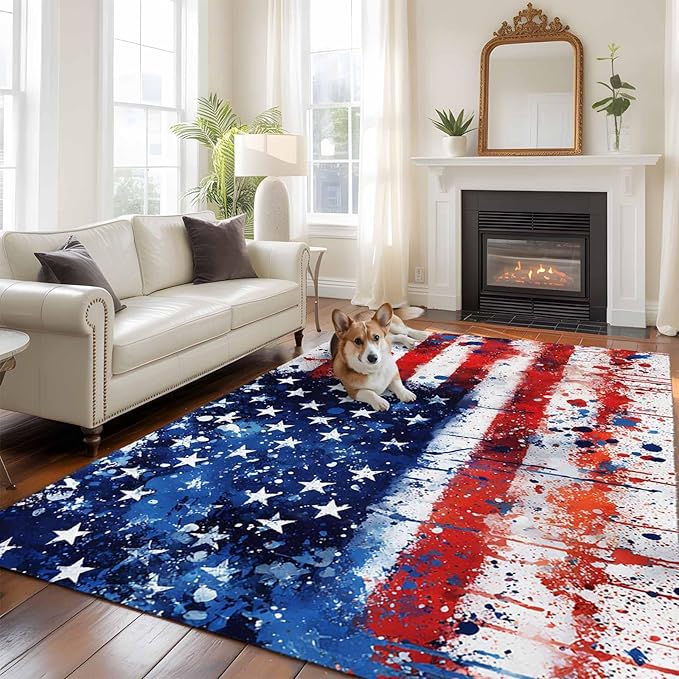 Mottled Red Blue White Stars Painted Flag 5'x8' Large Area Rugs, Washable Area Rugs Non-Slip Indoor Floor Mats Large Carpet for Living Room Bedroom Dining Room