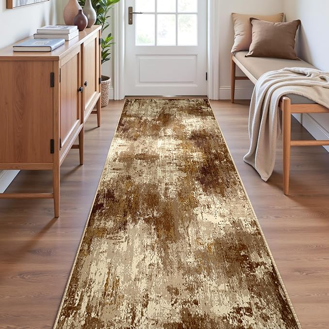 RELEANY Washable Area Rugs 2'x6' Non-Slip Modern Abstract Soft for Living Room Entryway Bedroom Nursery, Print Pattern, Brown Tan Beige Coffee