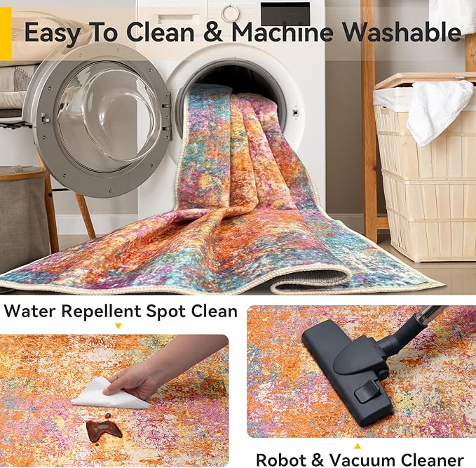 RELEANY Washable Area Rugs 6'x9' Non-Slip Modern Abstract Soft for Living Room Entryway Bedroom Nursery, Print Pattern, Orange Blue Pink Yellow Colorful