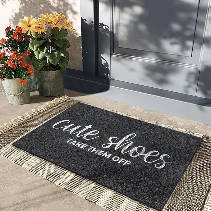 Indoor Door Mat Outdoor Welcome Large 24"x36" Black Mat for Outside Home Entry Cute Shoes Take Them Off Outdoor Entryway Rug Entrance Rug to Bedroom,Shoe Scraper,Non Slip,Easy to Clean