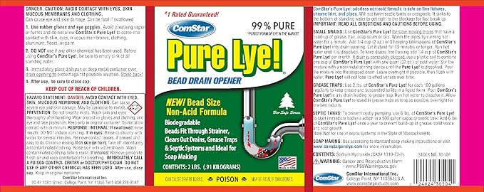 ComStar Pure Lye 2 lb - Unique Sodium Hydroxide Beads | Drain Opener & Soap Making | Biodegradable, Eco-Friendly (30-504)