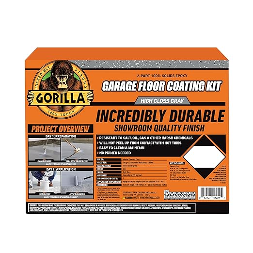 Gorilla Epoxy Garage Floor Coating (7 pc) Kit, 1-Car, Concrete Flooring, 100% Solids, Superior Adhesion, Incredibly Durable High Gloss Gray Finish, 275 sq. ft. Coverage