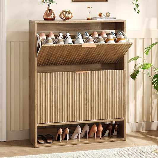Hootata 31.5''W Oak Shoe Storage Cabinet for Entryway with 2 Flip Drawers, Narrow Wood Fluted Shoe Rack Cabinet,Freestanding Slim Shoe Organizer Cabinet for Foyer, Hallway