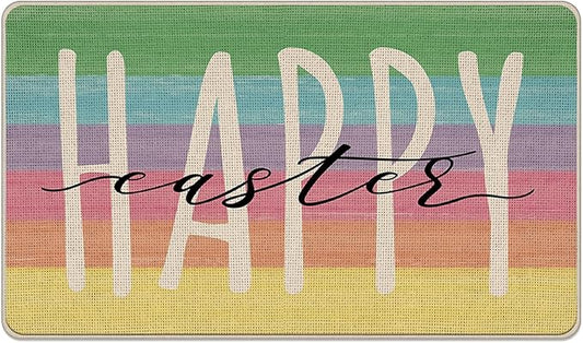 Happy Easter Decorative Front Door Mat Colorful Stripes Doormat Indoor Outdoor Non Slip Floor Entryway Rug Spring Home Kitchen Decoration 20x32 inch