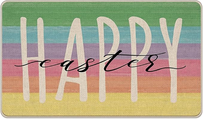 Happy Easter Decorative Front Door Mat Colorful Stripes Doormat Indoor Outdoor Non Slip Floor Entryway Rug Spring Home Kitchen Decoration 18x30 inch