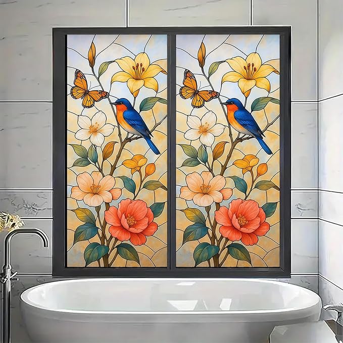 Bird Flower Butterfly Privacy Film Stained Glass Style Static Cling No Glue Decorative Panel Light Filtering Cover for Kitchen Door Balcony 17.7x39.3 inch