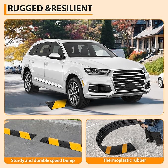 2 Pack 6 Ft Rubber Speed Bump,Heavy Duty Speed Bumps for Driveway,Dual-Channel Cable Protector,25,000 Lbs Capacity, Anti-Slip Surface Texture,Ready-to-Install Kit for Garage, Roads, Driveway