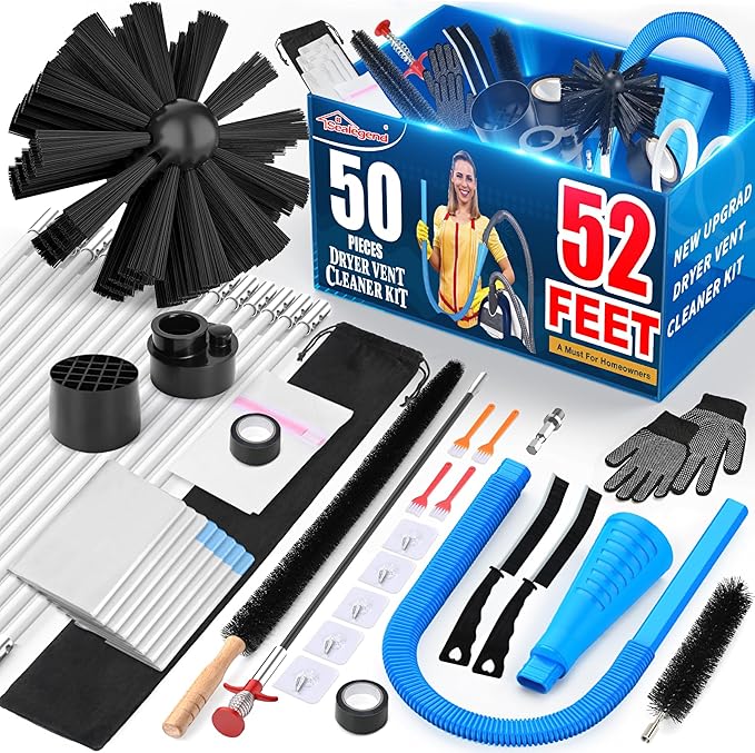 Sealegend 47-Piece 52-Feet Dryer Vent Cleaner Kit, Dryer Cleaning Tools, Omnidirectional Dryer Lint Vacuum Attachment, Dryer Vent Brush, Universal Vacuum & Dryer Adapters (Blue)