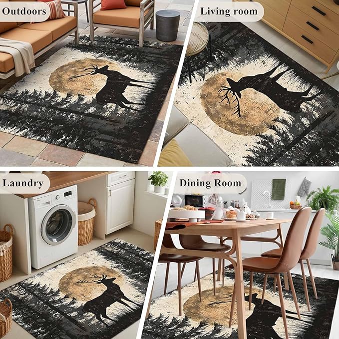 Deer Area Rugs 2.7'x5', Elk Silhouette Washable Area Rugs Non-Slip Indoor Floor Mats Carpet for Living Room Bedroom Dining Room