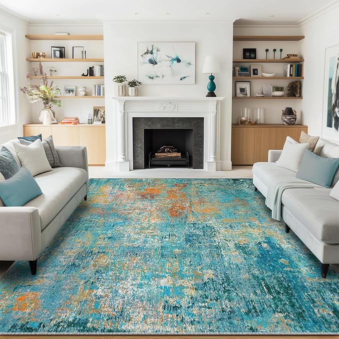 RELEANY Washable Area Rugs 6'x8' Non-Slip Modern Abstract Soft for Living Room Entryway Bedroom Nursery, Print Pattern, Teal Blue Green Orange Rust Red Colorful