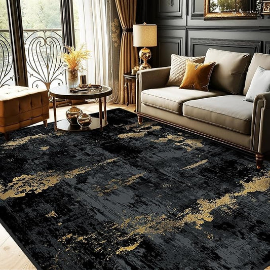 RELEANY Washable Area Rugs 7x10 Non-Slip Modern Abstract Soft for Living Room Entryway Bedroom Nursery, Print Pattern, Dark Black Gold