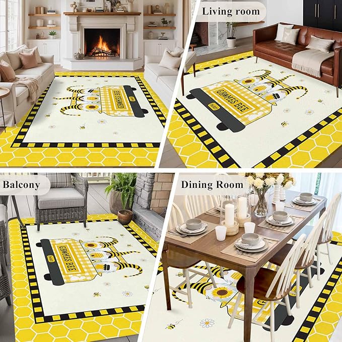 Honey Gnomes 5'x8' Large Area Rugs, Bees Hive Sunflower Truck Washable Area Rugs Non-Slip Indoor Floor Mats Large Carpet for Living Room Bedroom Dining Room