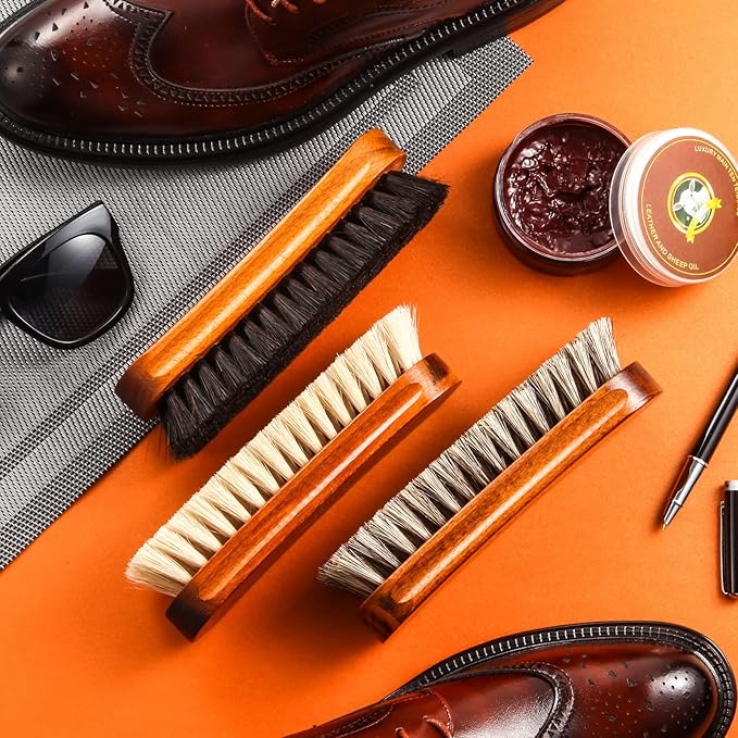 3 Pcs Horsehair Shoe Brush Kit Polishing Daubers Applicators Leather Care Brushes Shine Cleaning Brush(Shoe Brush Set C)