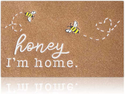 Large Front Door Mat Outdoor Entrance Front Door Mats Indoor Entrance Welcome Mat Honey I'm Home Bee Rugs with Non Slip Durable Rubber Backing Kitchen Washable Rugs Brown Mat