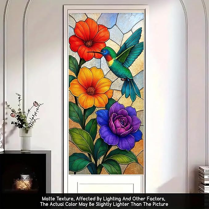 Colorful Bird Flower Privacy Film Stained Glass Style Static Cling No Glue Decorative Panel Light Filtering Cover for Kitchen Door Studio Entryway 17.7x39.3 inch