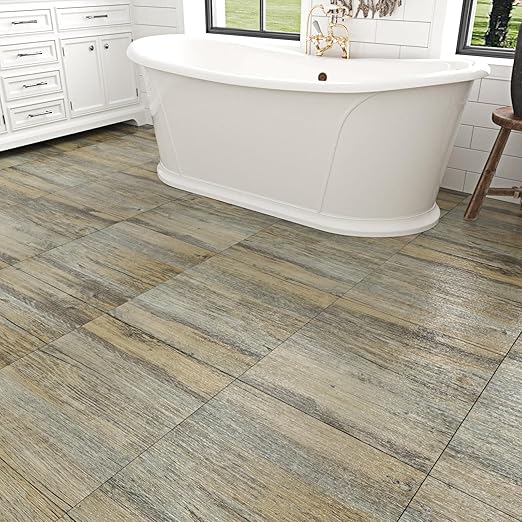 Wallercity Grey/Brown Peel and Stick Wood Floor Tile Waterproof Textured Wood Flooring Tiles 12" x 12" Self Adhesive Laminate Vinyl Sheet Flooring for Bedroom Bathroom RV Stick on Floor Tiles 16PCS