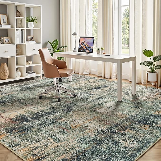 Lofus 8x10 Area Rug for Living Room, Coffee Green Abstract Large Rugs with Non-Slip Backing, Neutral Modern Washable Carpet for Bedroom Dining Room Home Office Nursery Indoor