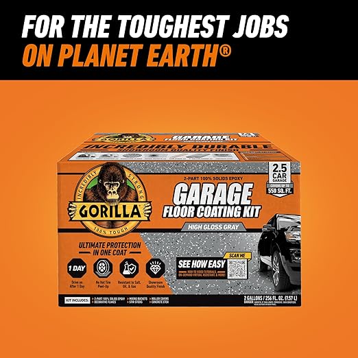 Gorilla Epoxy Garage Floor Coating (12 pc) Kit, 2.5-Car, Concrete Flooring, 100% Solids, Superior Adhesion, Incredibly Durable High Gloss Gray Finish, 550 sq. ft. Coverage
