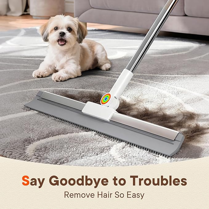 Floor Squeegee with Long Handle, 180° Rotating Silicone Broom for Concrete & Tile Floors, Squeegee for Water Removal on Garage, Bathroom and Deck, Adjustable 35–62 in Handle, 2 Pads