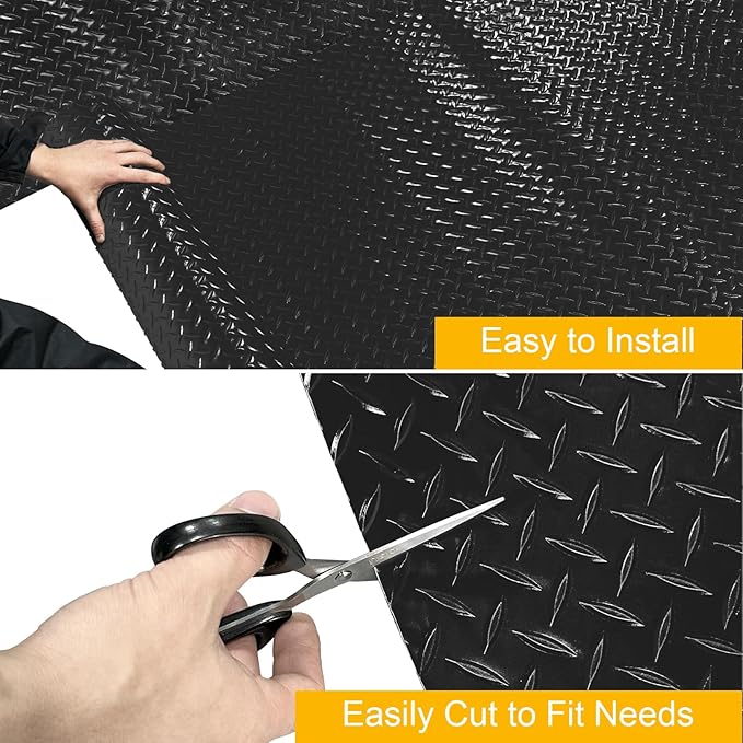 Garage Floor Mat, 2.8mm Thickened Flooring Roll for Under Car with 20Pcs Tapes, Diamond Plate, Non-Slip Floor Protector Mat for Trailer, Garage, Warehouse, Gyms, Trailer (BlackV, 7.5x25 FT)