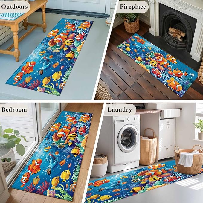 Ocean Marine Runner Rug 2'x6', Life Fish Coral Seagrass Underwater Coastal Hallway Runner Rugs Washable Non-Slip Bedside Floor Mats Carpet for Kitchen Bedroom Laundry Room Bathroom