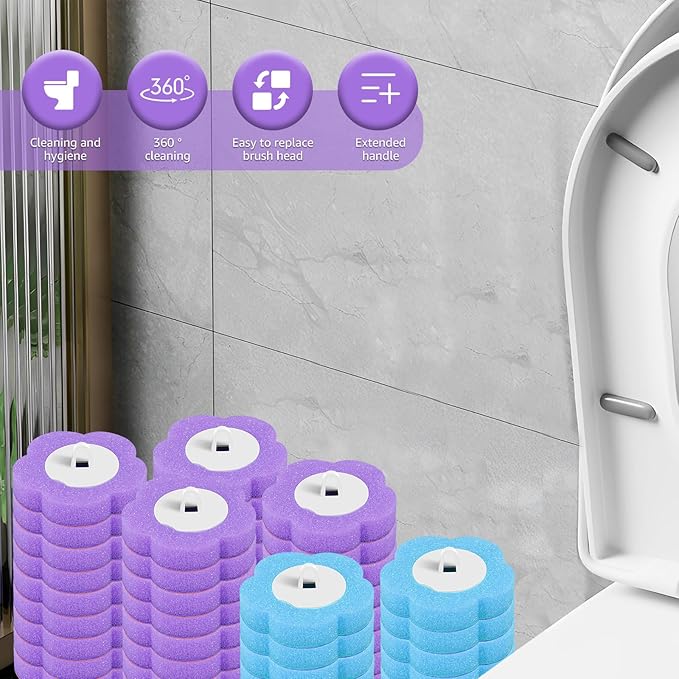 Disposable Toilet Brush Refills, Wall Mount Toilet Bowl Brush, Toilet Wand Refills with Extended Handle Cleaning Set, 360° Cleaning Toilet Brush Grip Suitable for Bathrooms (36 Refills)